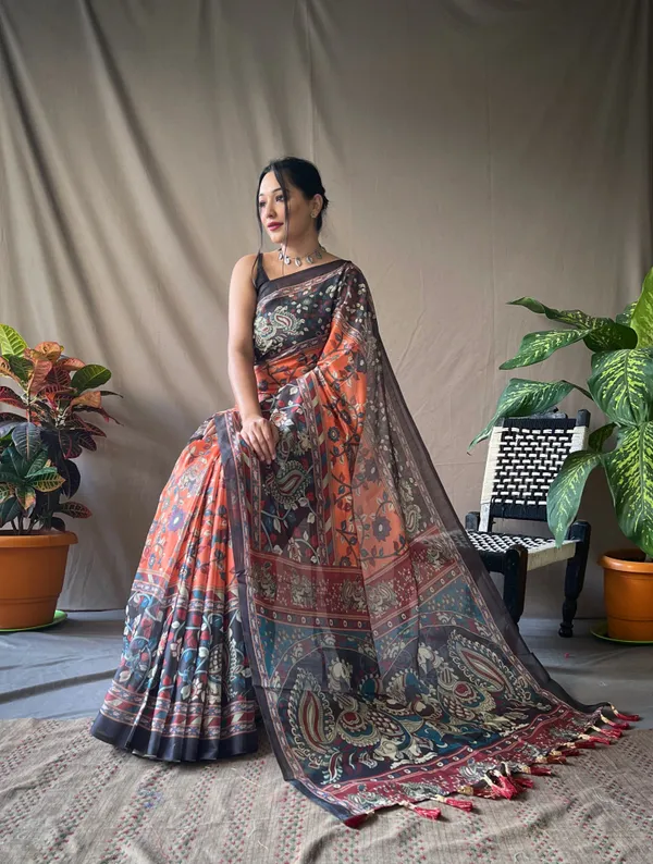 Goldfish_Orange_Soft_Cotton_Kalamkari_Print_Saree_With_Blouse_Piece_Attached